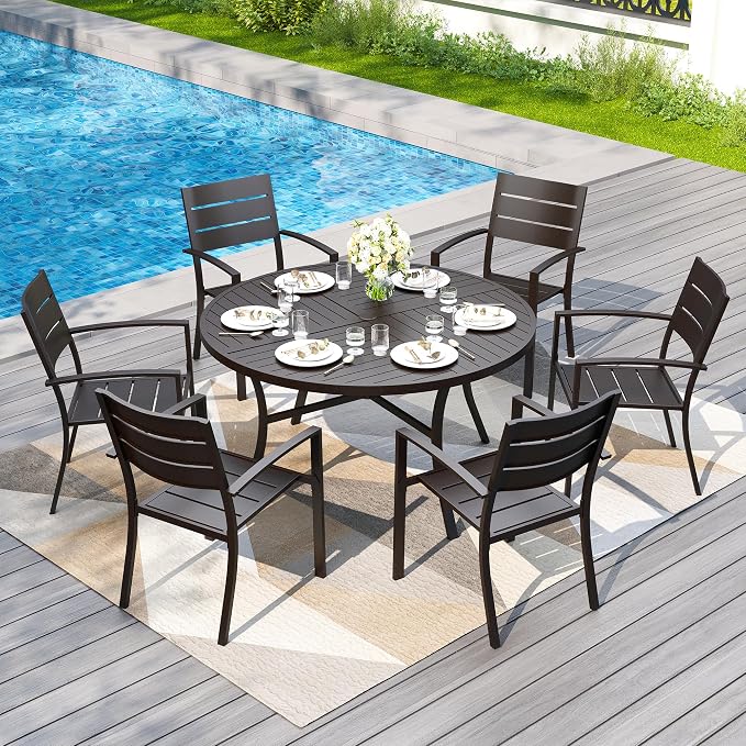 PHI VILLA 7 Pcs Outdoor Dining Set for 6, 54" Round Metal Table, Black | Wrought Iron Table&Stackable Chairs, Modern Outside Furniture for Deck, Yard, Porch