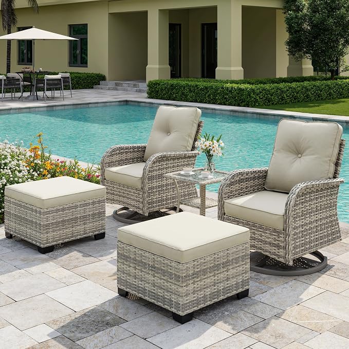 5-Piece Small Patio Furniture Set, Outdoor Swivel Rocking Chairs Set with Ottomans, Patio Bistro Set for Balcony, Deck, Porch,Ivory