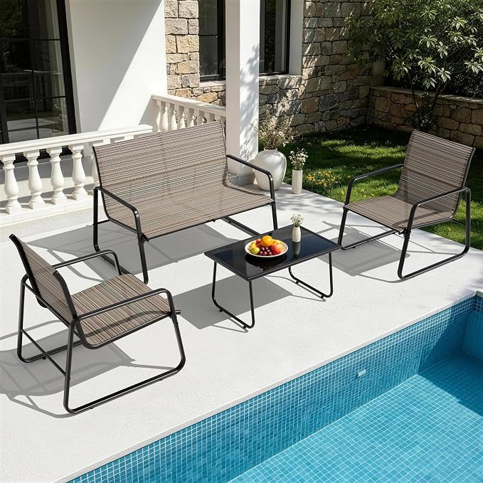 Gotland 4-Piece Outdoor Patio Furniture Set, Textilene Fabric Metal Patio Conversation Set with Loveseat 2 Chairs Tempered Glass Coffee Table, Patio Set for Backyard, Lawn, Porch, Pool, Garden, Brown