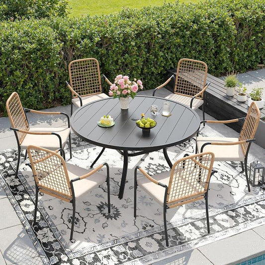 DIFY 7 Pieces Outdoor Dining Set for 6, 47.2" Round Dining Table with Umbrella Hole & Wicker Stackable Patio Chairs with Cushions, Metal Patio Table and Chairs Set for Backyard Porch Garden, Black