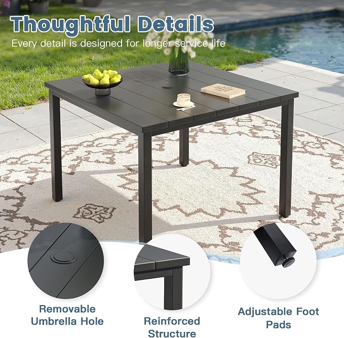 DIFY 5 Pieces Outdoor Dining Set, Metal Patio Table and Chairs Set for 4, 40.2" Square Dining Table with Umbrella Hole & Wicker Swivel Patio Chairs with Cushions, Black Tabletop