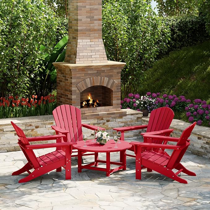 Costaelm Patio Conversation Table, Tatio Accent HDPE Outdoor Weather Resistant, Round Outdoor Porch Balcony Patio Drink Table for Outside, Pool, Backyard, Red