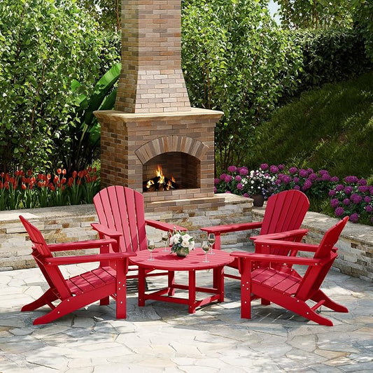 Costaelm Patio Conversation Set, Outdoor Chairs Set of 5 Balcony Firepit Furniture Outdoor Adirondack Round Table and Chair Backyard Furniture Set for Lawn Porch Pool Garden, Red