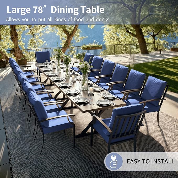 Kullavik 16 Pieces Outdoor Dining Set,Patio Dining Table and Chairs Set for 14,Fence Pattern Back Chairs with Thickened Cushions & X-Frame Metal Dining Table with Umbrella Hole for Patio,Navy Blue