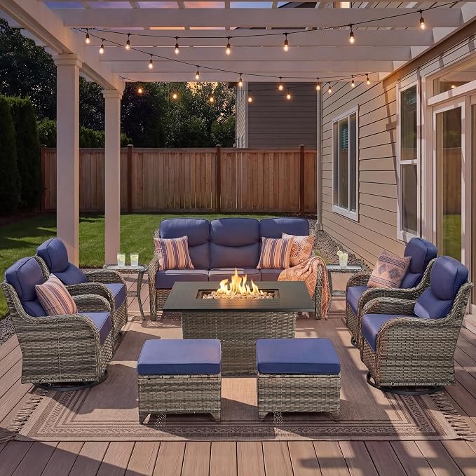 Luxury Patio Furniture Set with Fire Pit Table-10 Pieces All Weather Outdoor Swivel Rocker Chairs with Sofa and Ottomans. Outdoors Patio Conversation Sets for Porch Deck Garden Backyard(Grey/Blue)