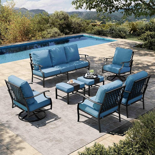 HERA'S HOUSE 7 Piece Patio Furniture Set, 2 x Swivel Chair, 2 x Leg Chair, 2 x Ottoman, 1 x 3-Seat Sofa, All Cushioned 12 Seats Metal Outdoor Conversation Set for Lawn Garden Backyard
