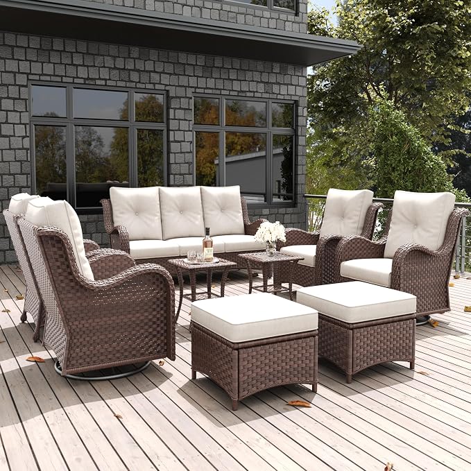 LayinSun 9 Pieces Outdoor Patio Furniture Set, Rattan Wicker Sectional Swivel Rocker Chairs Sets with Ottomans, Swivel Glider Chairs,Single Chairs and Coffee Table