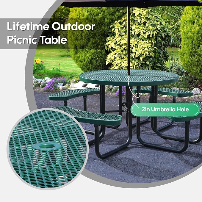 46 Inch Round Outdoor Metal Picnic Table, All-Weather Patio Dining Set for 6-8 Adults, Heavy Duty Steel with Central Umbrella Hole, Perfect for Garden, Backyard, Deck & Small Spaces - Easy Assembly