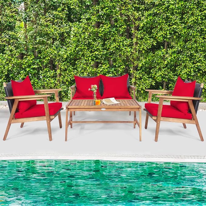 Tangkula 8-Piece Patio Furniture Set, Outdoor Acacia Wood Conversation Set with Cushions and Coffee Table, Outdoor PE Wicker Sectional Sofa Set for Garden, Poolside and Backyard (2, Red)