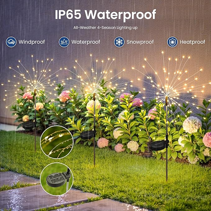 6Pack Solar Lights Outdoor, 120LED Firework Lights | Fireworks Lights Solar Powered, Waterproof Fairy Garden Lights Decor Outside for Yard Pathway Lawn Patio(Warm White)