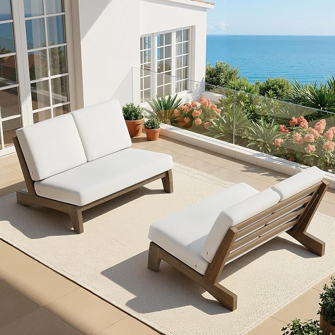 All Weather Wood Patio Furniture Sets, 3 Pieces Patio Loveseat Sofa Outdoor Sectional Futniture Backyard Conversation Set with Solid Wooden Coffee Table - Beige