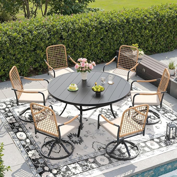 DIFY 7 Pieces Outdoor Dining Set for 6, 50" Round Dining Table with Umbrella Hole & Wicker Swivel Patio Chairs with Cushions, Metal Patio Table and Chairs Set for Backyard Porch Garden, Black
