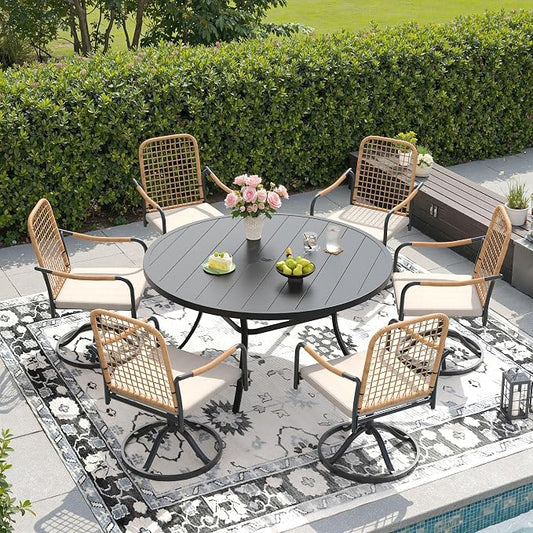 DIFY 7 Pieces Outdoor Dining Set for 6, 50" Round Dining Table with Umbrella Hole & Wicker Swivel Patio Chairs with Cushions, Metal Patio Table and Chairs Set for Backyard Porch Garden, Black