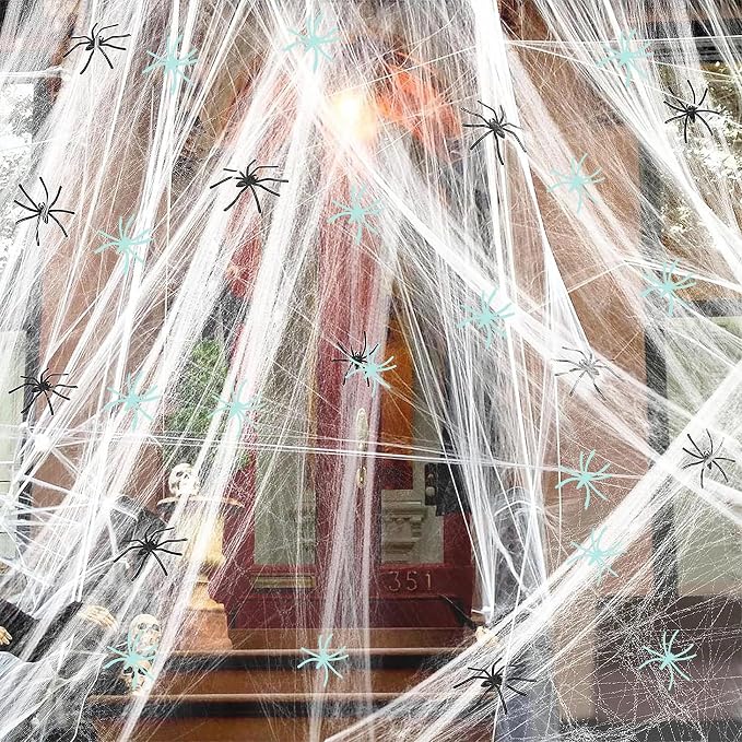 300 Sqft Halloween Spider Web Decorations, with 10 Glow and 10 Black Fake Spiders, Halloween Decorations Outdoor Large Stretch Spider Web Cobwebs Indoor (300 sqft Web+20 Spider)