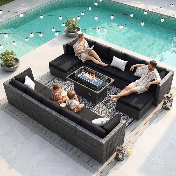 NICESOUL 13 Pcs Outdoor Sectional Set with Natural Gas/Propane Firepit Table, 29.3'' High-Back Patio Furniture Sofa Set, Oversized Rattan Couches for Backyard Garden Lawn, 2 Color Cushion Black & Gray