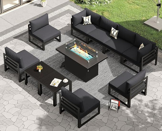 RADIATA 11 Pcs Modern Aluminum Outdoor Patio Furniture Set with Firepit Table & Side Table, Extra Large All-Weather Modular Sectional Couch, 29" Wide Deep Seating Conversation Sofa for Deck, Dark Grey