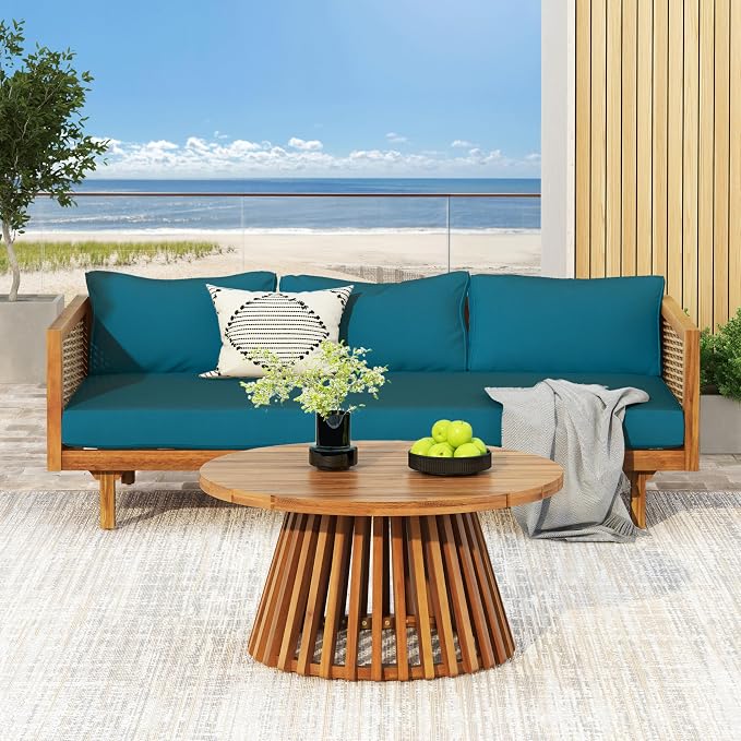 Christopher Knight Home Claremont Patio Sofa and Coffee Table Set, 2 Piece Wicker Patio Furniture Set, Acacia Wood 3 Seater Outdoor Sofa Daybed and Coffee Table Set, Teak+Dark Teal