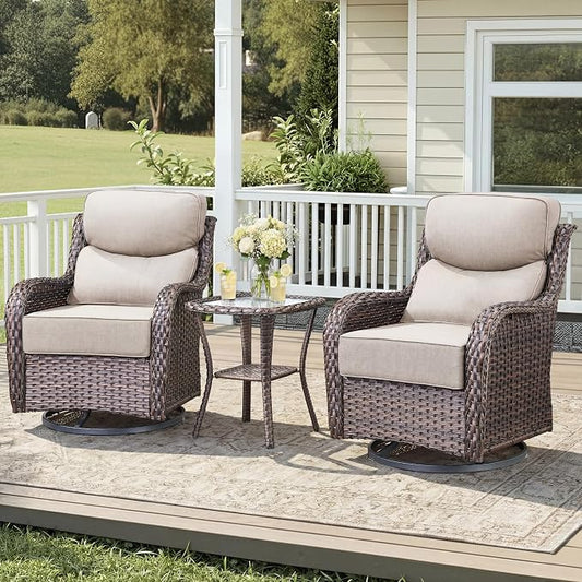 Luxury Outdoor Swivel Rocker Patio Chairs-3 Piece Wicker Patio Rocking Chairs Set of 2 with Glass Side Table 6" Thick Cushions High Back Outdoor Furniture Sets for Deck Porch Balcony(Brown/Beige)