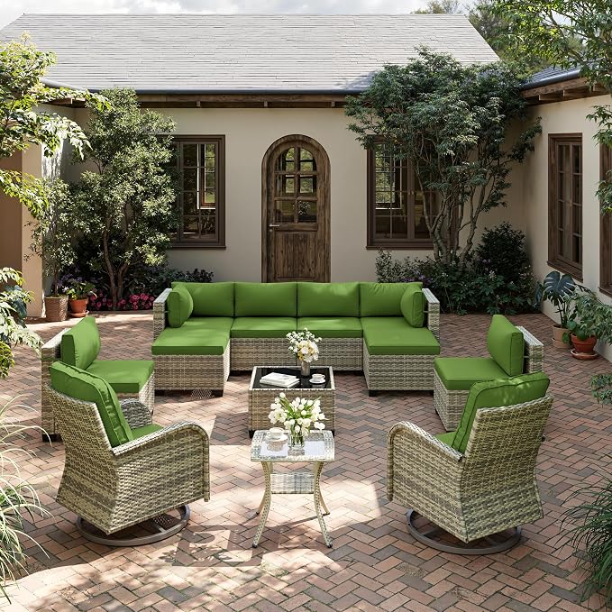 12-Piece Patio Furniture Set, Outdoor Patio Furniture with Swivel Chairs Set, Ottomans, Modular Patio Sofa, Dual-Strand Rattan, Rust-Resistant Frame, Grass Green