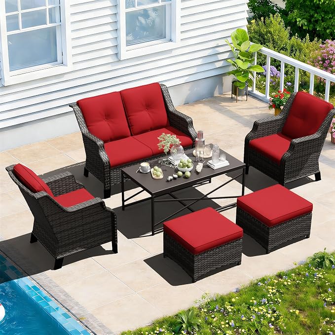 Outdoor Patio Furniture Set, 6 Piece Wicker Patio Furniture with Thick Cushions, Curved Armrest, Deep Seating, Rattan Outdoor Chairs for Porch, Deck, Balcony