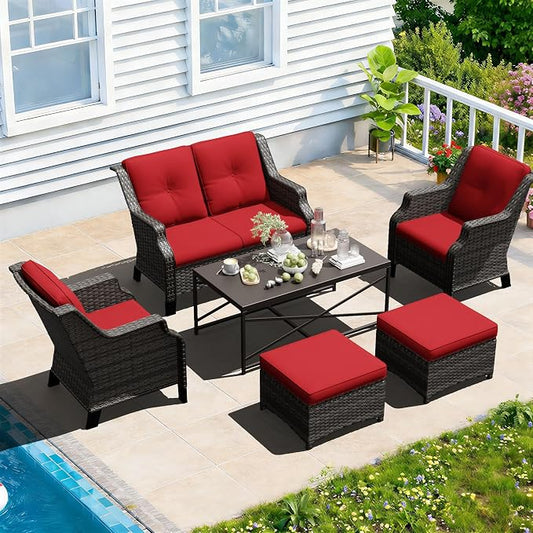 Outdoor Patio Furniture Set, 6 Piece Wicker Patio Furniture with Thick Cushions, Curved Armrest, Deep Seating, Rattan Outdoor Chairs for Porch, Deck, Balcony