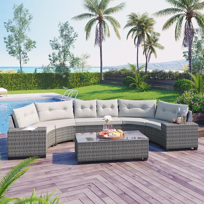8 Piece Outdoor Wicker Round Sofa Set, Half-Moon Sectional Set with Tempered Glass Top Rectangular Coffee Table, Curved Patio Conversation Seating Set for Porch Backyard, Beige