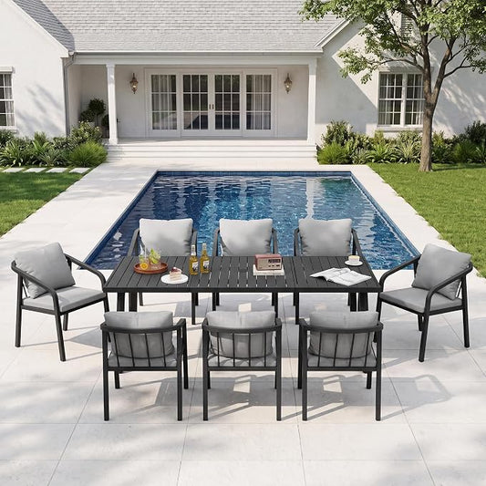 Outdoor Dining Set,9-Piece Patio Dining Table Set for 8 with Rectangular Table & 8Thick Cushion Sofa Chair, Aluminum All-Weather Patio Furniture Set for Backyard, Garden and Poolside (Black)