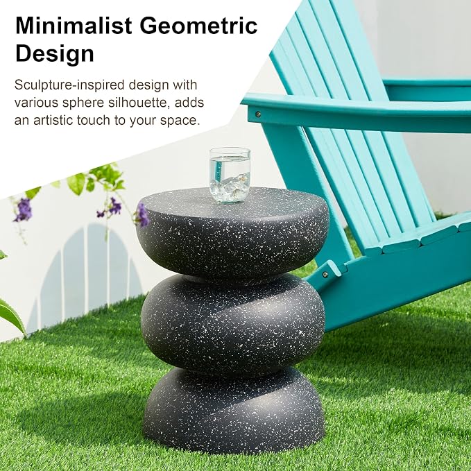 Glitzhome Outdoor Side Table, Round Small End Table with Black Geometric Terrazzo Finish MGO Hourglass Garden Stool, Set of 2 Decorative Accent Table for Living Room Planter Stand Backyard Patio Porch