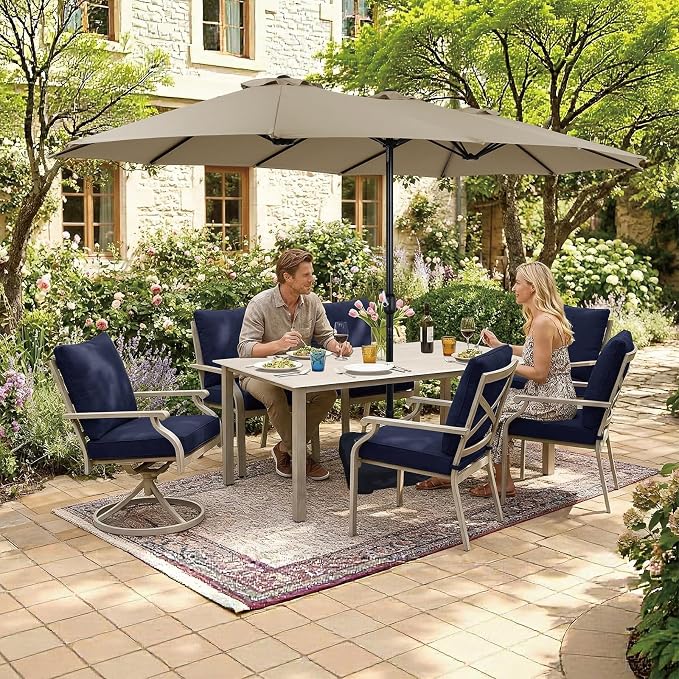 7-Piece Patio Dining Set, White Food-Grade Sintered Stone Dining Table with Umbrella Hole, 4 Dining Chairs and 2 Swivel Chairs with Blue Removable Thickened Cushions for Garden Lawn Yard