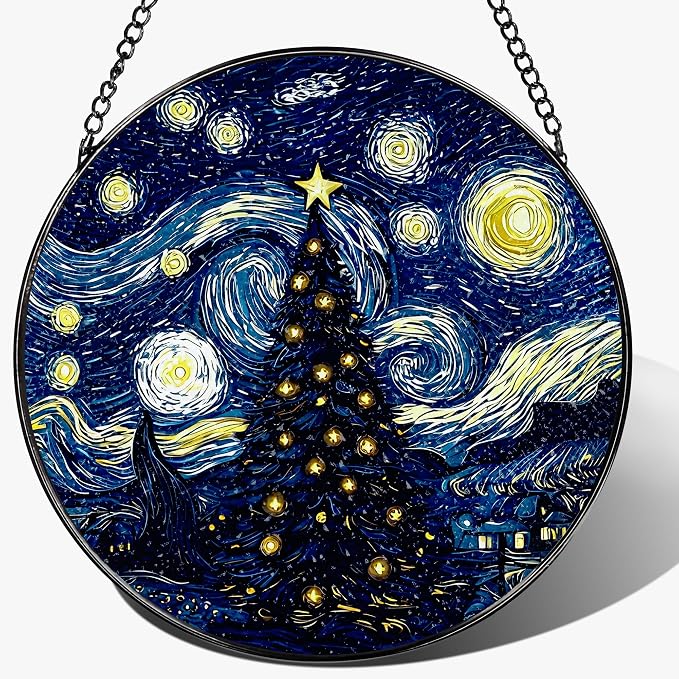 8-Inch Starry Night Christmas Tree Suncatcher Ornament, Stained Glass Window Hanging & Stained Glass Holiday Ornament, Sun Catcher Window Decor, Van Gogh’s Keepsake, Gifts for Christmas & Holidays