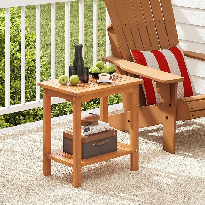 Tangkula Outdoor Side Table, 2-Tier Patio End Table with Slatted Tabletop & Storage Shelf, Acacia Wood Accent Bistro Table for Backyard, Poolside, Garden, Indoor, Natural (2)