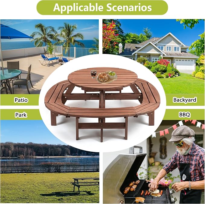 8-12 Person Outdoor Round Wooden Picnic Table with 8 Built-in Benches, Umbrella Hole, Outside Table and Bench Set for Garden, Backyard, Porch, Patio and Deck