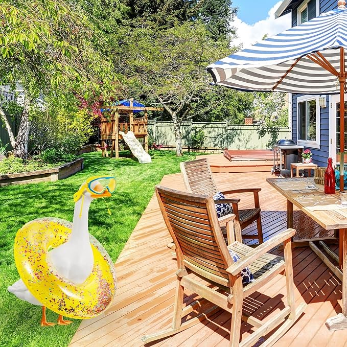 Aliceset 2 Pcs Summer Porch Goose Outfits Hawaiian Pool Goose Cloth Costume Swimsuit with Swim Ring Sunglasses, Fits 23'' Lawn Statue for Patio Yard Garden Outdoor Decor(Glitter Style)