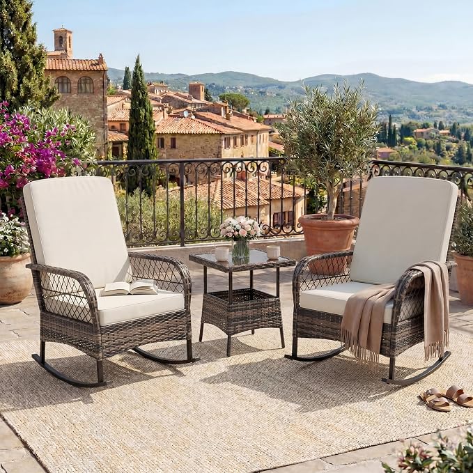 3 pcs Outdoor Rocking Bistro Set, Wicker Rocking Bistro Set with Thick Cushions, Outdoor Rocker Chairs and Coffee Table for Porch, Backyard or Garden (Brown&Beige)