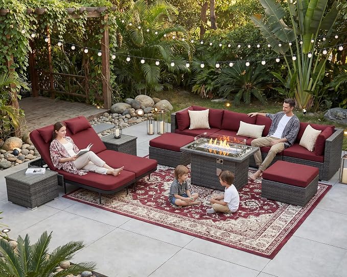 NICESOUL 11 Piece Sectional Outdoor Set with Chaise Lounge, Extra Large Backyard Seating with Firepit, 29.3'' Highback Patio Couch Sofa, Heavy Duty All-Weather Wicker Furniture for Deck, Grey & Red