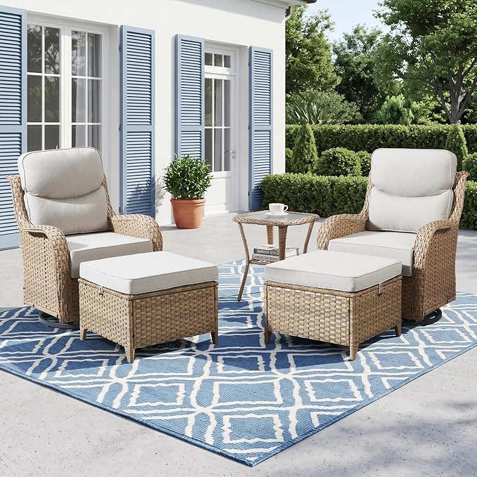 Luxury High Back Outdoor Furniture with 6-Inch Thick Cushions, Patio Furniture Set with Ottomans, 5 PCS Wicker Conversation Set for Porch, Balcony, Deck and Yard