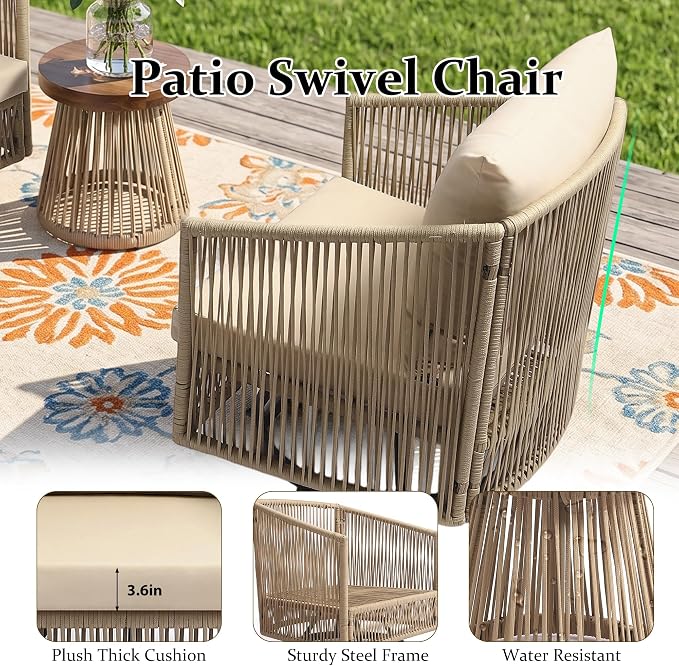 Outdoor Patio Furniture Set, 3 Pieces Outdoor Swivel Chairs with Coffee Table and Thick Cushion, Pe Wicker Rope Furniture Set for Entertaining, Balcony, Garden, Poolside, Khaki