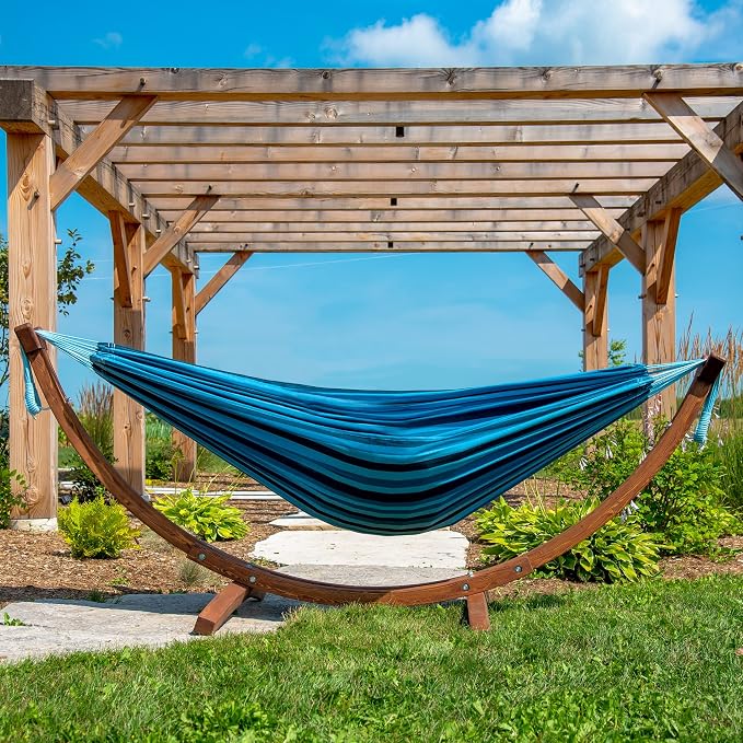 Vivere Double Cotton Hammock with Solid Pine Arc Stand - 450 lb Capacity, Durable FSC Wood Frame, Comfortable 87 Bed, Includes Hardware & User Guide (Blue Lagoon)