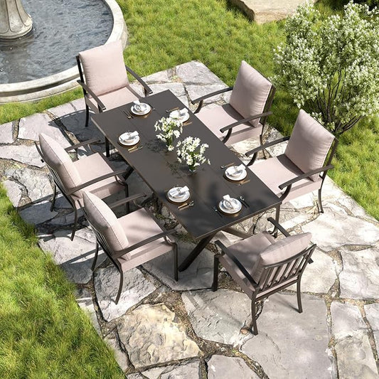 Kullavik 7 Pieces Outdoor Dining Set,Patio Dining Table and Chairs Set for 6,Fence Pattern Back Chairs with Thickened Cushions & Rectangular Metal Dining Table with Umbrella Hole,Sand
