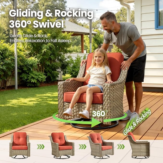 6 Piece Patio Furniture Set with Fire Pit Table, Conversation Sets with High Back Swivel Rocker Chairs, Outdoor Wicker Sofa Loveseat with Comfy Cushion for Backyard Deck Garden, Bold Orange