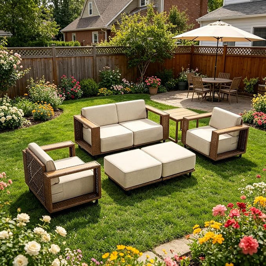 MOCHITO 7 Pieces Outdoor Patio Furniture Sets, All-Weather Sectional Sofa PE Rattan Wicker Conversation Set, Outdoor Patio sectional for Poolside, Porch, Lawn, Garden, Balcony(Beige)