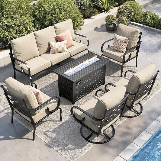 PHI VILLA Patio Furniture Set, 3-Seater Sofa, 2 Fixed Chairs, 2 Swivel Chairs and a 45" Fire Pit Table, Outdoor Metal Conversation Set with 5.75" Extra Thick Cushion for Garden Backyard Deck, Beige
