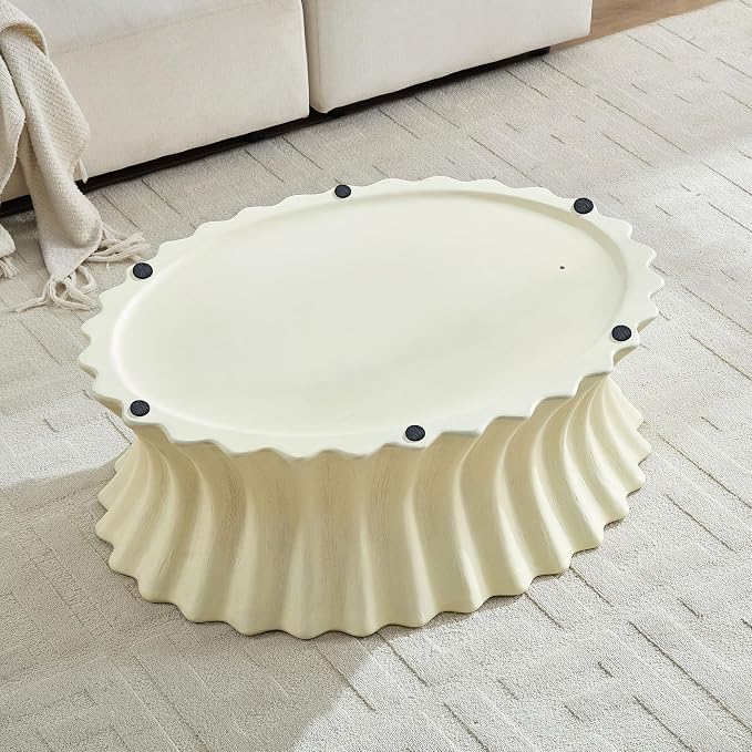 35'' Oval Coffee Table Faux Stone Coffee Table for Living Room Modern Faux Marble Coffee Tables for Indoor Outdoor Unique Center Tables No Assembly, Beige