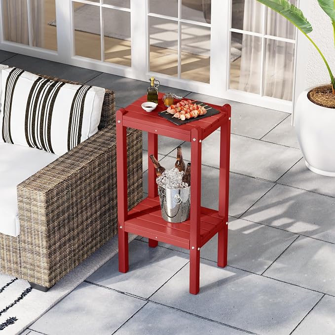 Costaelm Paradise 36"" Outdoor Adirondack HDPE 2-Tier Patio Side Table, Red, COS02990