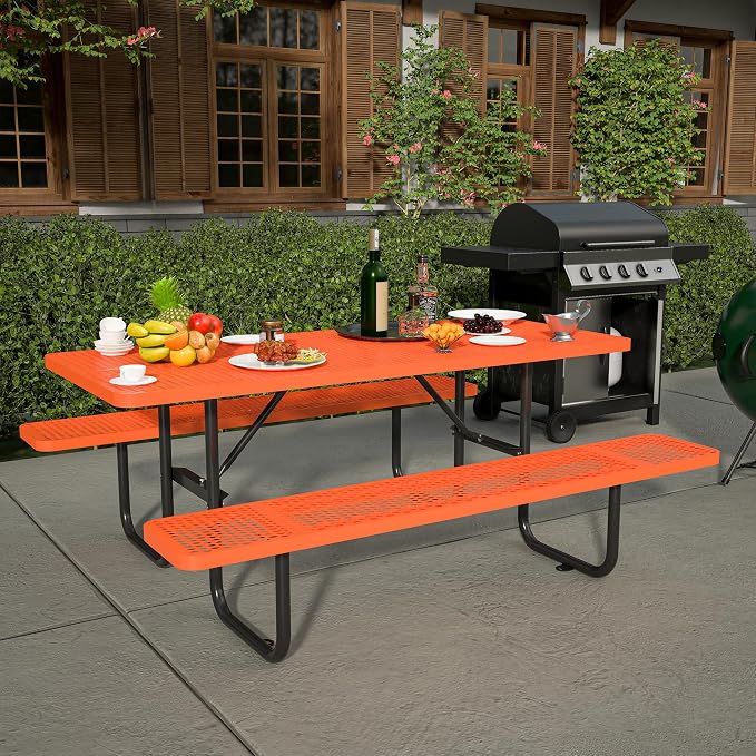 Coated Steel Heavy Duty Picnic Table for Outdoors 2200 lbs Load, Rectangular Camping Table with 1.78" Umbrella Hole, Commercial Picnic Table with Benches, Orange