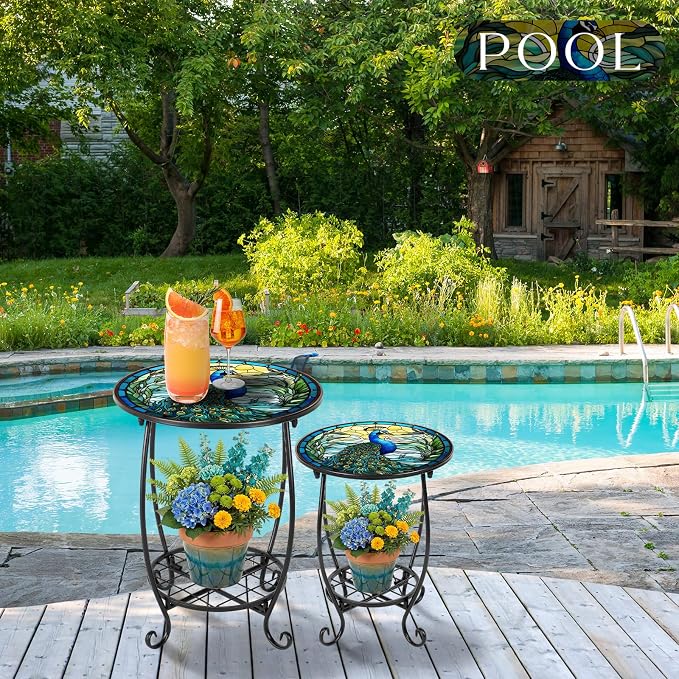 Cinnvoice 2 Pcs Outdoor Side Table Small Patio Round Mosaic Accent End Table Indoor Plant Metal Coffee Tea Tables for Patio Yard Porch Garden Living Room(12" and 16",Peacock Style)