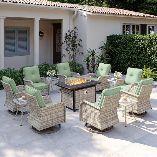 13Pcs Patio Rocking Swivel Chair with 55,000 BTU Fire Pit Table Outdoor Wicker Rattan Bistro Set with Tempered Glass Side Table, Patio Furniture Set for Garden and Balcony, Light Green
