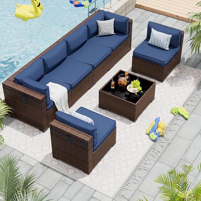 Patio Furniture Set, Modular 7-Piece Patio Conversation Sets with Coffee Table, All-Weather Wicker Outdoor Sectional for Backyard and Balcony, Navy (Waterproof Covers Included)