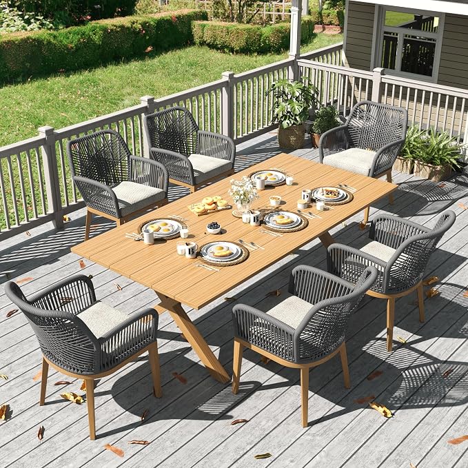 LayinSun Outdoor Dining Set for 6, 7 Pieces Patio Furniture Sets with Aluminum Dining Table and Rope Weave Chairs