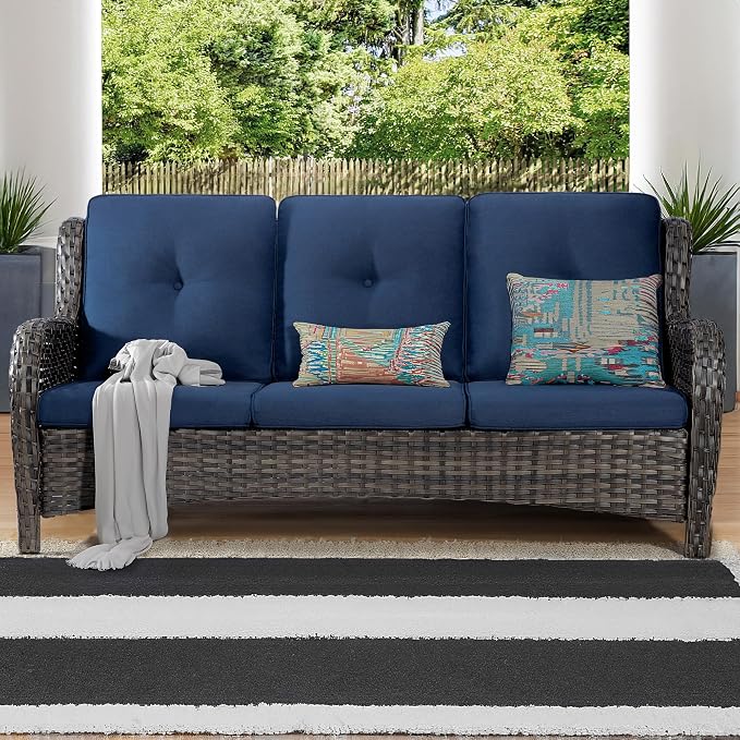 Wicker Patio Furniture Sets 8 Piece Set with 3-Seat Sofa, 2 Swivel Rocking Armchairs, 2 Armchairs, 2 Ottoman and 1 Side Table Wicker Outdoor Furniture Sectional Conversation Set, Blue
